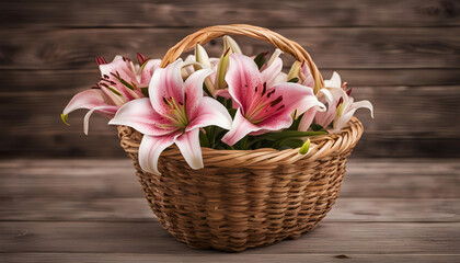 Pink Lily basket on a wooden background 