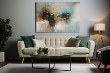 Contemporary lounge with sofa, artwork. Generative AI