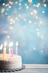 birthday holiday background, cakes with candles and copy space - obrazy, fototapety, plakaty