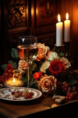 a candlelit dinner table with two glasses of wine and a bouquet of flowers in the center.