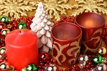 New year balls, candles and snowflakes