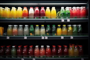 many juices on fruit bars in a grocery store