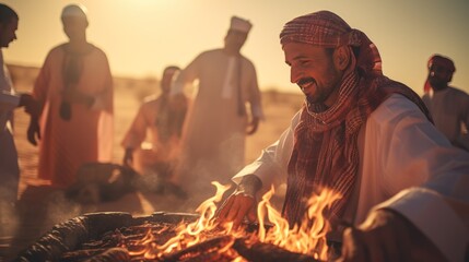 Arab men in traditional clothing roast lamb on a spit in the middle of the desert - obrazy, fototapety, plakaty