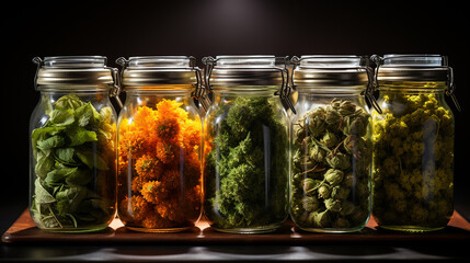 Various cannabis strains in jars. - obrazy, fototapety, plakaty