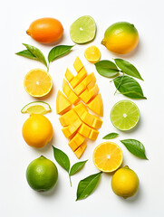 mango and bergamot cut up flat on white background stock flower and nature motifs created with Generative Ai