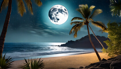 night dramatic landscape dynamic beach scenery palm trees and a moon pc desktop wallpaper background ai generated