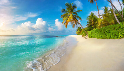 fantastic sunny panorama at maldives luxury resort seascape majestic sea waves coconut palm trees...