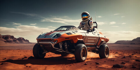 Astronaut riding quad bike on surface of the mars, galaxy view.