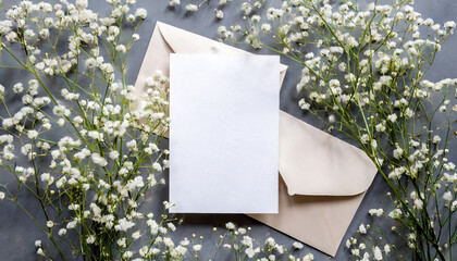 wedding mockup with white paper list and flowers gypsophila on colored table top view flat lay blank greeting cards and envelopes beautiful floral pattern flat lay style