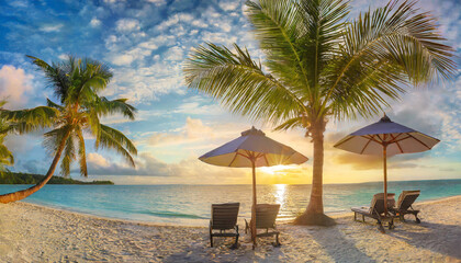 Fototapeta na wymiar fantastic panoramic view sandy shore soft sunrise sunlight over chairs umbrella and palm trees tropical island beach landscape exotic coast summer vacation holiday relaxing sunrise leisure resort