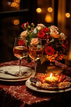 a candlelit dinner table with two glasses of wine and a bouquet of flowers in the center.