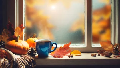 Foto op Plexiglas autumn frame border cup of hot autumn coffee or tea on the window living in hygge style hot drink in cold autumn weather © Raymond