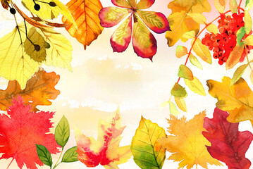 Watercolor autumn illustration  background. Fall concept festive poster template. Fall leaves illustration.Happy Thanksgiving banner.Oak leaf autumn holiday card.