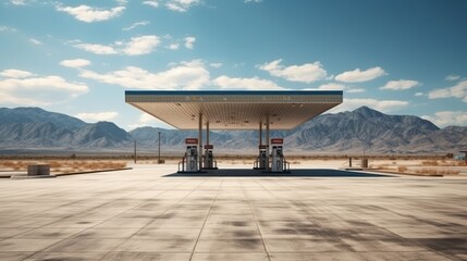 Empty modern gas station in USA desert large copyspace - obrazy, fototapety, plakaty