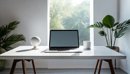 minimal modern white empty room laptop device blank screen on table mockup ai generated