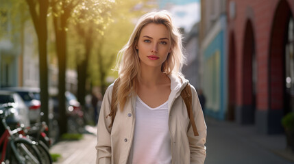 Fototapeta premium Beautiful elegant young model walking and strolling outdoors in sunny spring day.