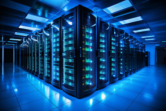 Vista interior de una data centre o CPD. Pasillos con racks de servidores y cabinas de almacenamiento