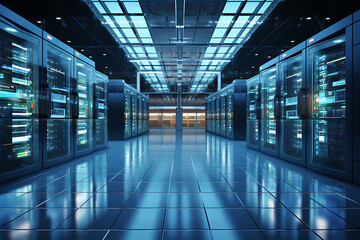 Fototapeta premium Vista interior de una data centre o CPD. Pasillos con racks de servidores y cabinas de almacenamiento