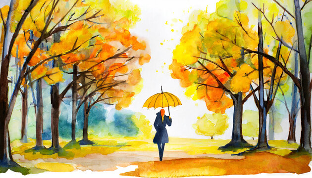 a figure with an umbrella in an autumn yellow park with trees on a white background watercolor paint drawing