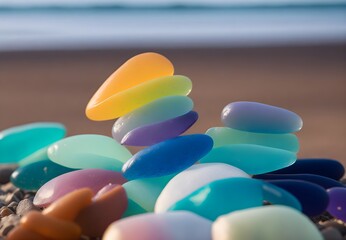 Colorful sea glass jewels, washed ashore and delicately scattered on the beach near the water, forming a mesmerizing coastal palette