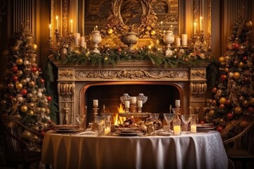 Fototapeta na wymiar a christmas table with fireplace in the room