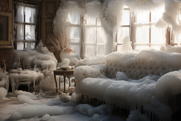 Interior of the frozen living room with furniture covered with ice. Extremely low temperature in apartment in winter season. Rising heating costs due to energy crisis - obrazy, fototapety, plakaty