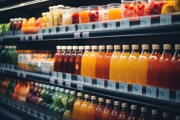 many juices on fruit bars in a grocery store - obrazy, fototapety, plakaty
