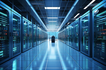 Vista interior de una data centre o CPD. Pasillos con racks de servidores y cabinas de almacenamiento