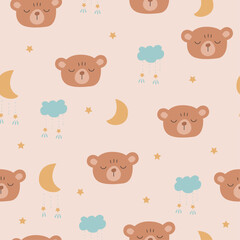 Seamless pattern with cartoon sleepping bear, cute teddy head, clouds, moon in scandinavian style. Boho illustration for textile, fabric, print design, wallpaper, gift paper. Vector
