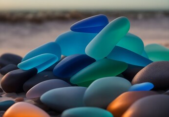 Close-up shot of a kaleidoscope of sea glass on the sandy beach, near the water, offering a visual feast of coastal hues