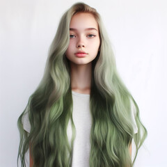 Naklejka premium Green-haired girl posing for the camera. She is looking at the camera with a confident and seductive expression. This image shows the concept of alternative beauty, fashion, and attitude.