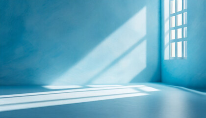 minimal abstract light blue background for product presentation shadow and light from windows on...