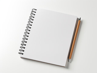 quaderno a spirale di cartone con materiale riciclato,  mockup di agenda vista dall'alto su sfondo bianco con matita laterale,  - obrazy, fototapety, plakaty