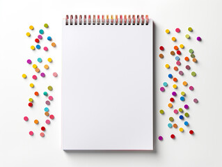 quaderno a spirale di cartone con materiale riciclato,  mockup di agenda vista dall'alto su sfondo bianco con  coriandoli