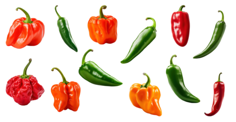 Variety of different chili peppers on isolated transparent background including habanero, carolina reaper, and serrano