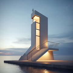 Futuristic AI-generated minimalist home. Tiny house with sea view. Photo taken during sunset. 