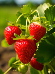 Close up of fresh growing ripe strawberries , blurred background