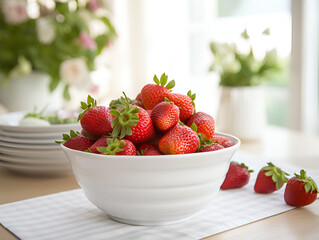 Fresh strawberries in a white bowl on kitchen table, blurry bright window background 