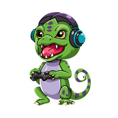 Cartoon-Style Enthusiastic Green Chameleon Wearing Headphones and Playing Video Games, Ideal for Children's T-Shirt Design, Vector Image with Transparent Background