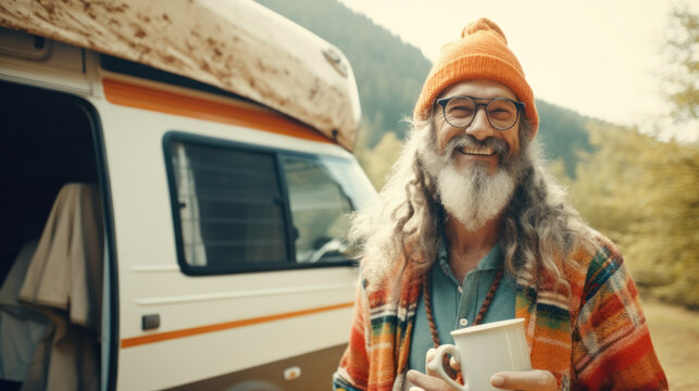 Portrait of an old hipster in front of van holds cup of coffee looking at camera.