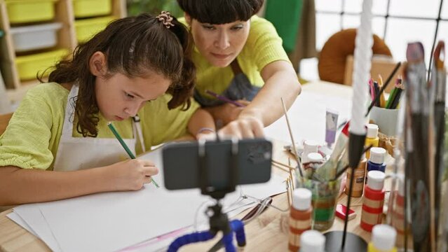 Mother-daughter artist duo draw together, recording their heartwarming art class in the studio for a video tutorial.