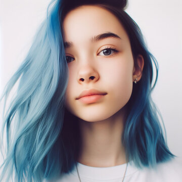  A portrait of a young woman with blue hair. She is looking at the camera with a confident and seductive expression.  This image shows the concept of alternative beauty, fashion, and attitude. 
