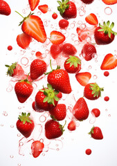 scattered strawberry, white background drop water created with Generative Ai