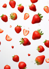 scattered strawberry, white background drop water created with Generative Ai