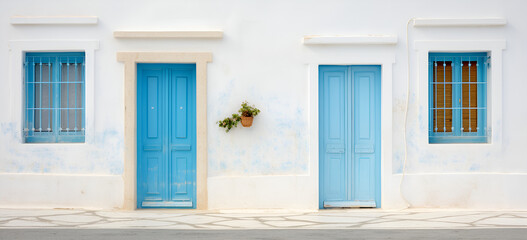 Traditional houses with blue doors in the narrow streets of Mykonos Charming Mykonos Traditional Houses and Blue Doors Exploring Mykonos A Journey through Traditional Blue-Doored Homes.AI Generative