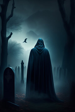 portrait of a dementor in a graveyard, dark and scary night, realistic, detailed, horror, spooky, terror