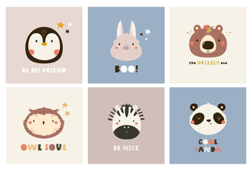 Lamas personalizadas infantiles con tu foto Colorful set with childish prints, vector illustrations with portraits of penguin, bat, bear, owl, zebra, panda