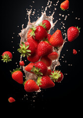 scattered strawberry, white background drop water created with Generative Ai