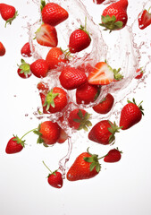 scattered strawberry, white background drop water created with Generative Ai