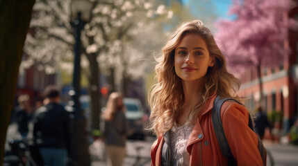 Beautiful elegant young model walking and strolling outdoors in sunny spring day.